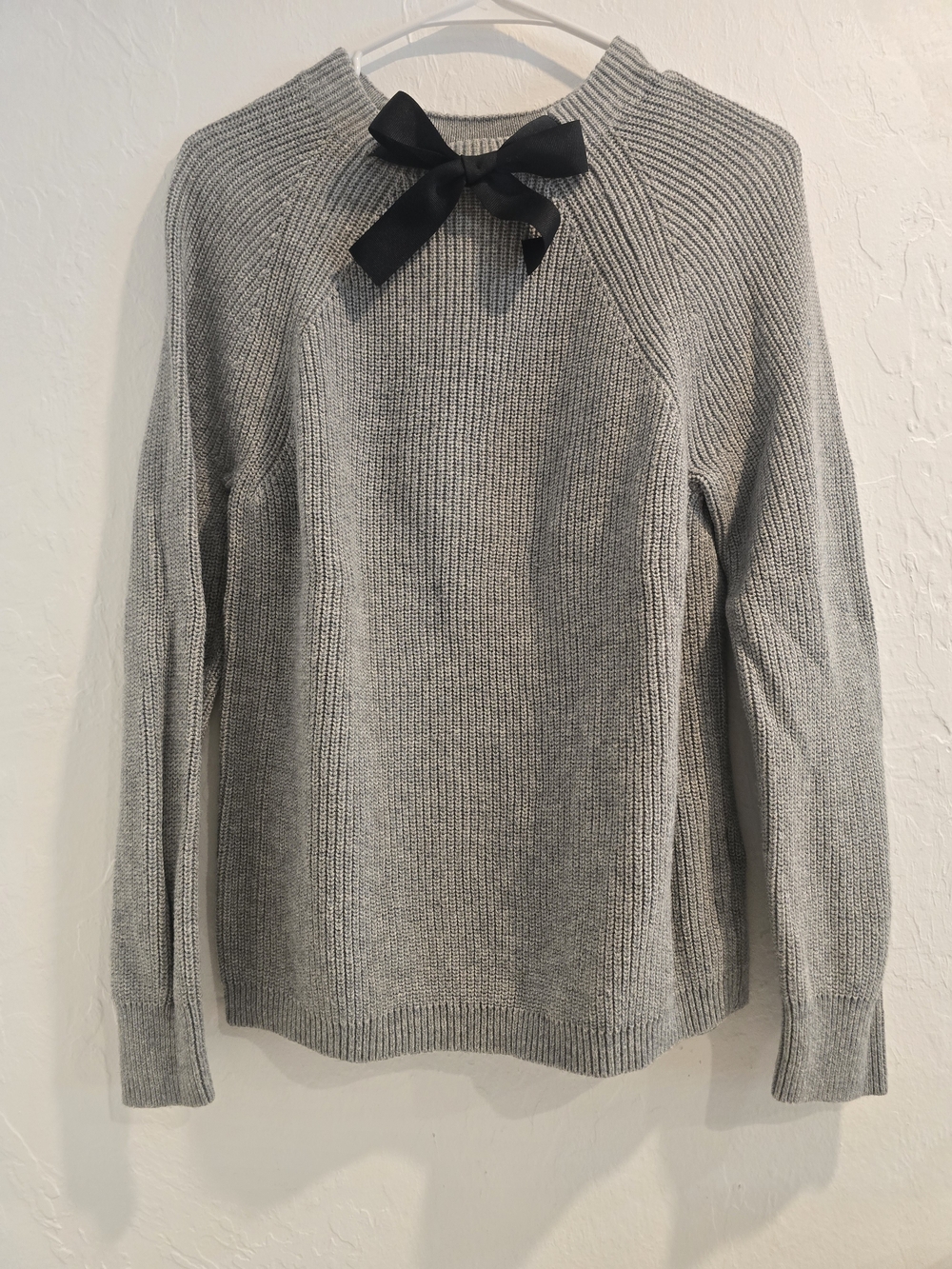 J. Crew Gray Ribbed Sweater with Black Neck Bow